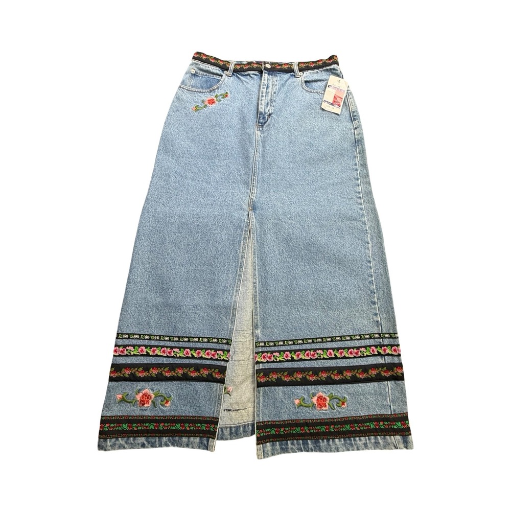 Mountain Lake Denim Skirt Women 16 Blue Floral Embroidered Cotton Maxi Vintage
